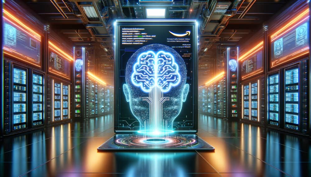 Advanced server room with neon lights and holographic Amazon logo intertwined with a digital brain, representing Amazon GPT-5.5X technology.