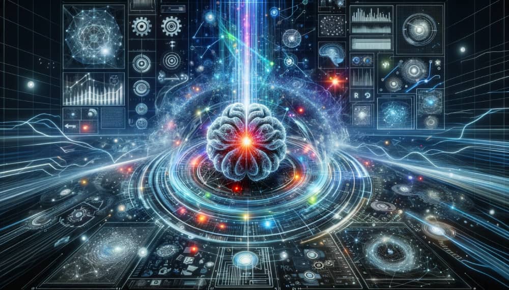 Futuristic depiction of Quantum Exchange Field Vector technology with a glowing AI core and swirling data streams, illustrating its impact on various industries.