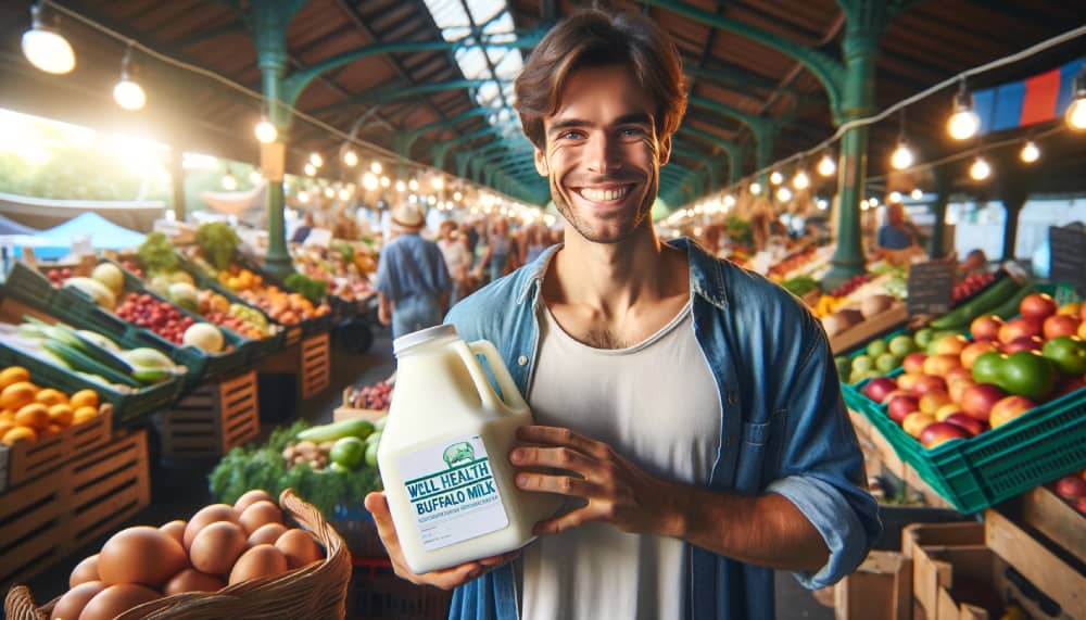 A cheerful person at a farmer's market holding a jug of WellHealthOrganic Buffalo Milk, with stalls of fresh produce in the background.