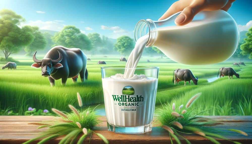 A glass of WellHealthOrganic Buffalo Milk being poured, surrounded by a serene landscape with buffalo grazing.