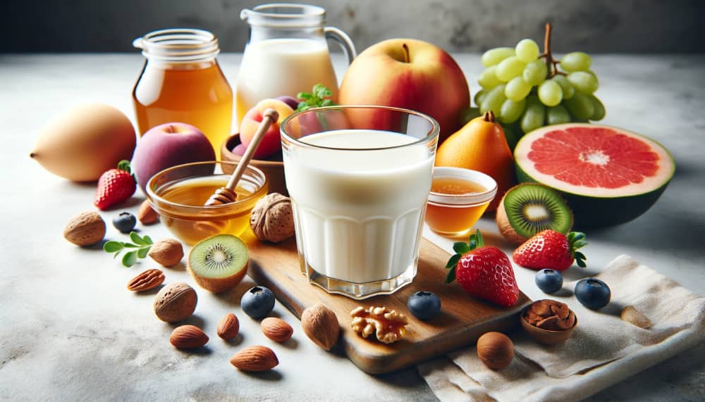 Close-up of a glass of creamy WellHealthOrganic Buffalo Milk surrounded by fresh fruits, nuts, and honey on a kitchen counter.