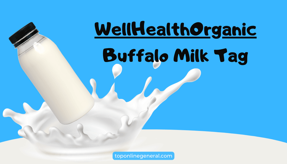 Spilled buffalo milk from a bottle with WellHealthOrganic logo against a blue background.